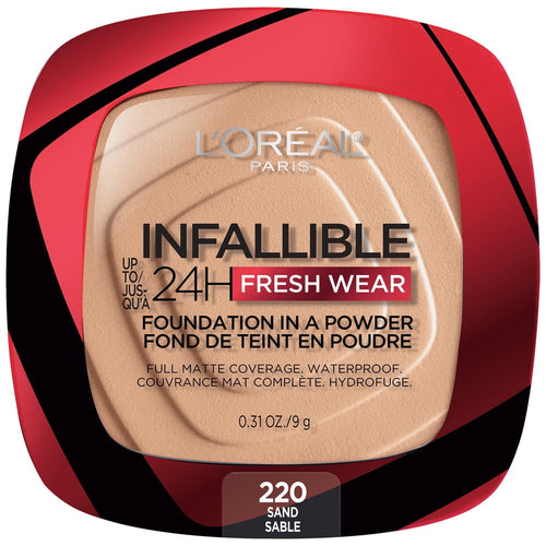 (2 pack) L'Oreal Paris Infallible Fresh Wear 24 Hr Powder Foundation Makeup, 220 Sand, 0.31 oz