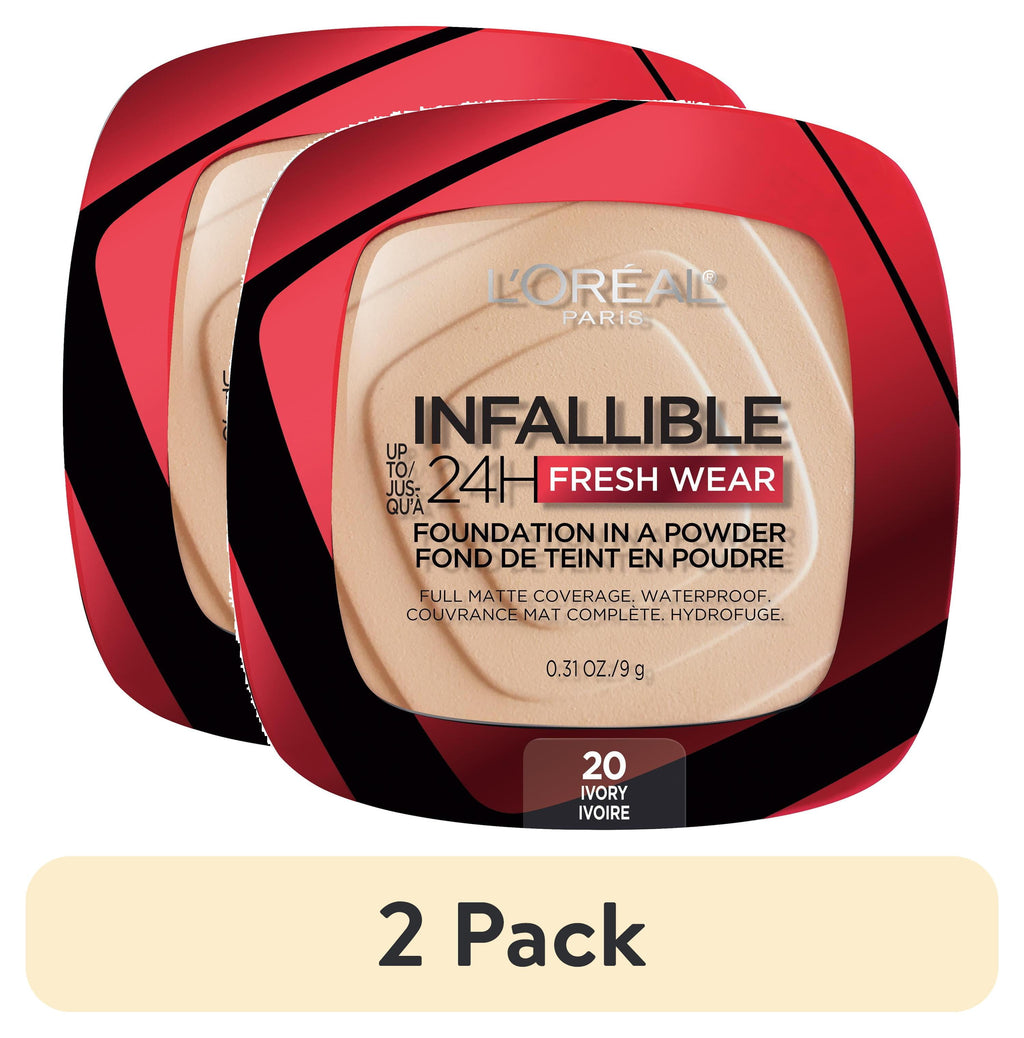 (2 pack) L'Oreal Paris Infallible Fresh Wear 24 Hr Powder Foundation Makeup, 020 Ivory, 1 fl oz