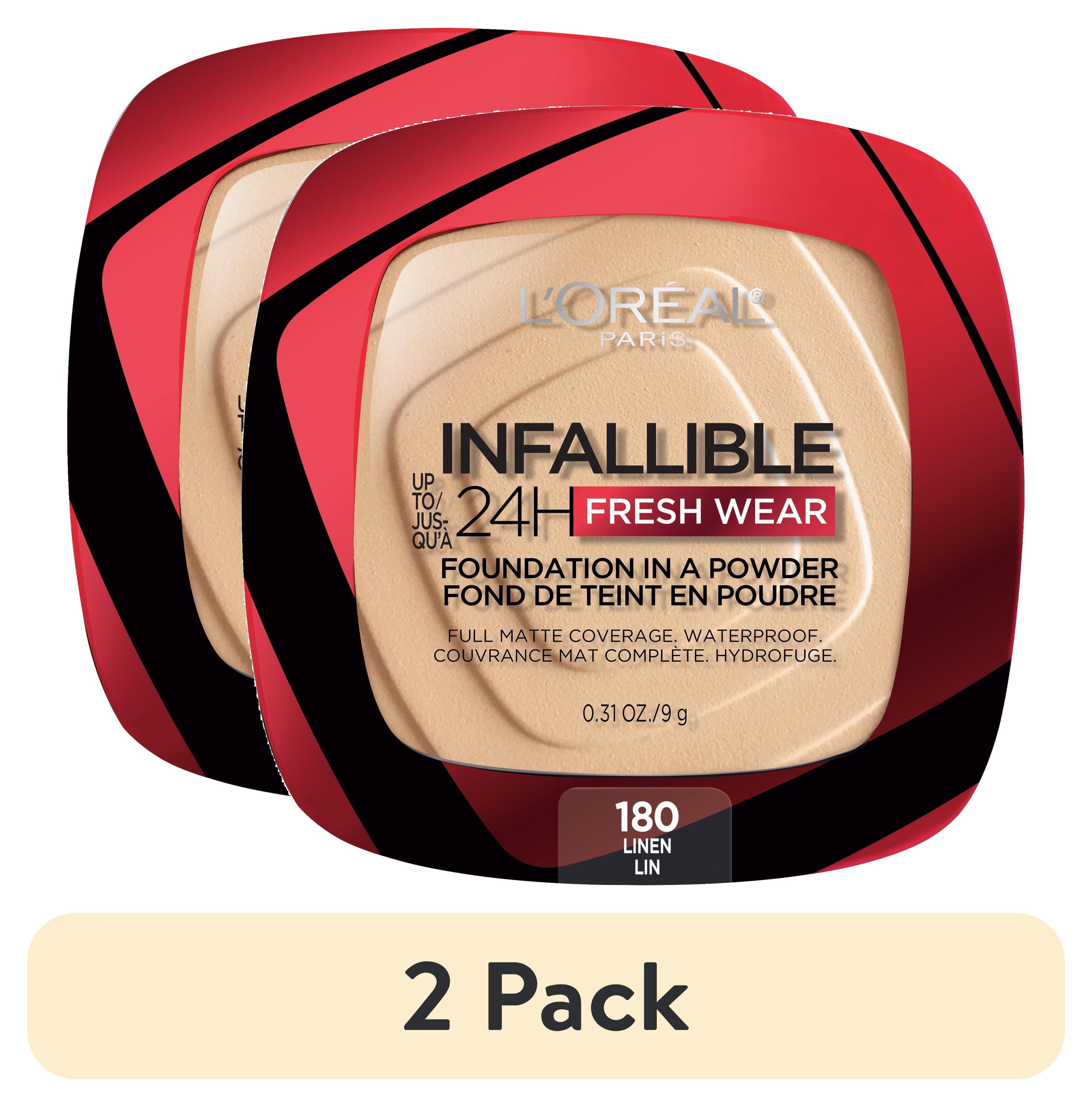 (2 pack) L'Oreal Paris Infallible Fresh Wear 24 Hr Powder Foundation Makeup, 180 Linen, 0.31 oz