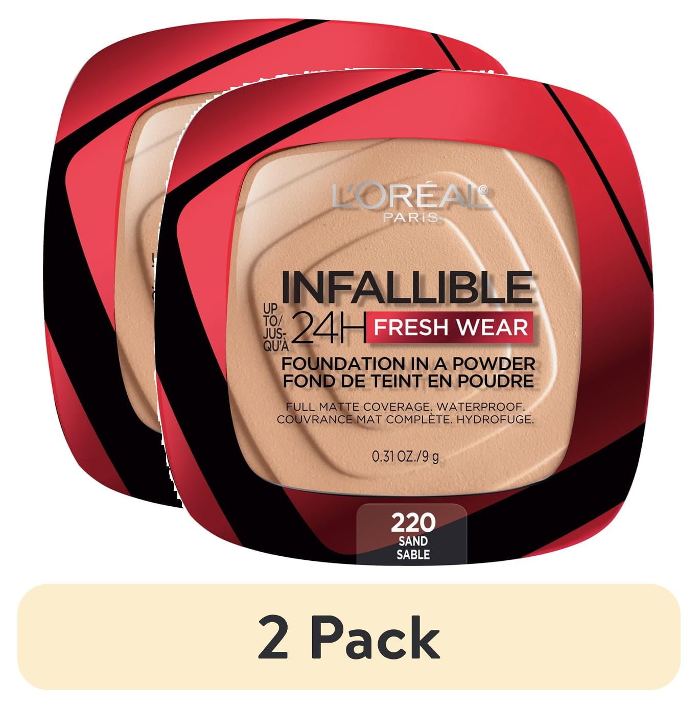(2 pack) L'Oreal Paris Infallible Fresh Wear 24 Hr Powder Foundation Makeup, 220 Sand, 0.31 oz