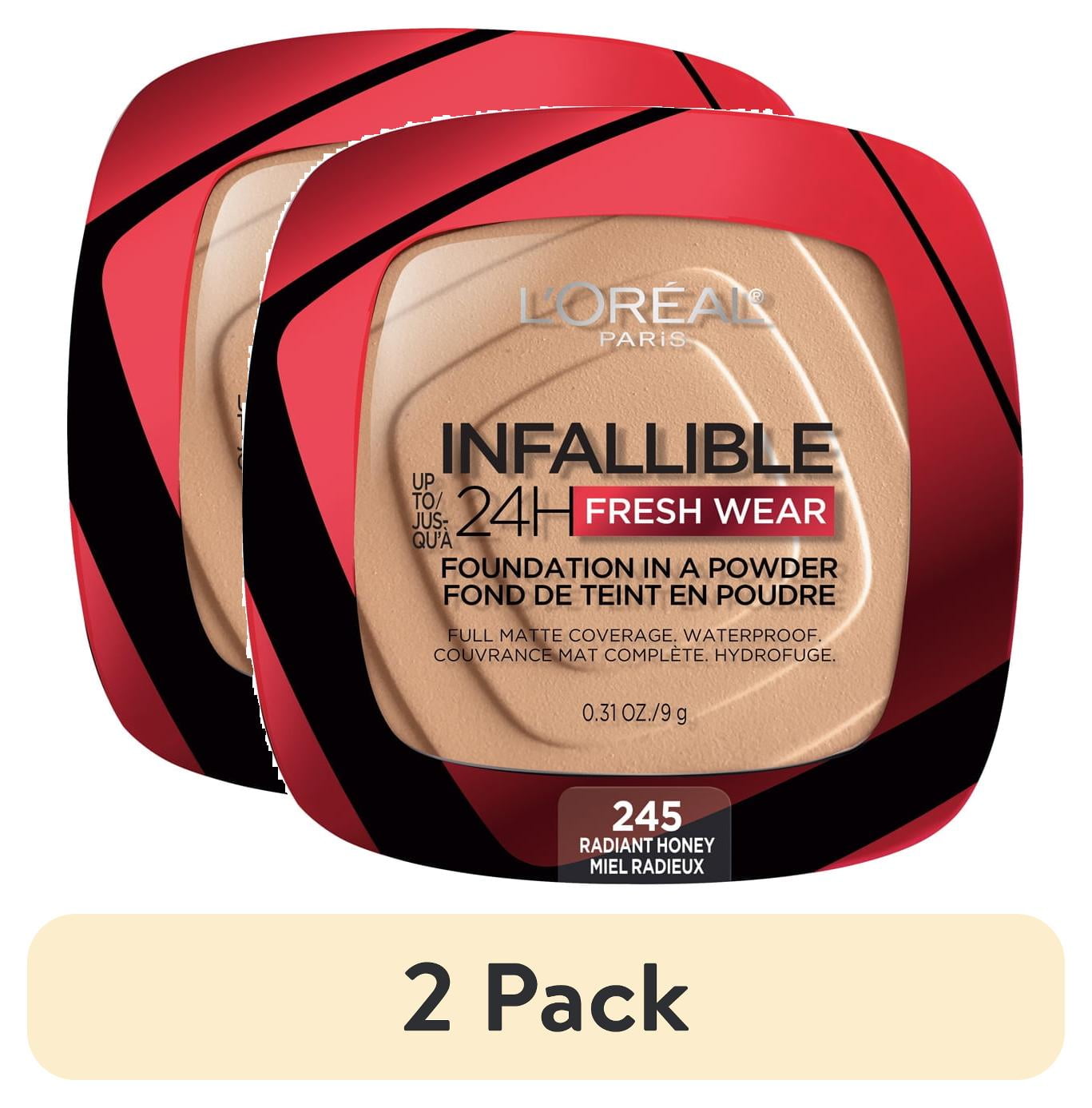 (2 pack) L'Oreal Paris Infallible Fresh Wear 24 Hr Powder Foundation Makeup, 245 Radiant Honey, 0.31 oz