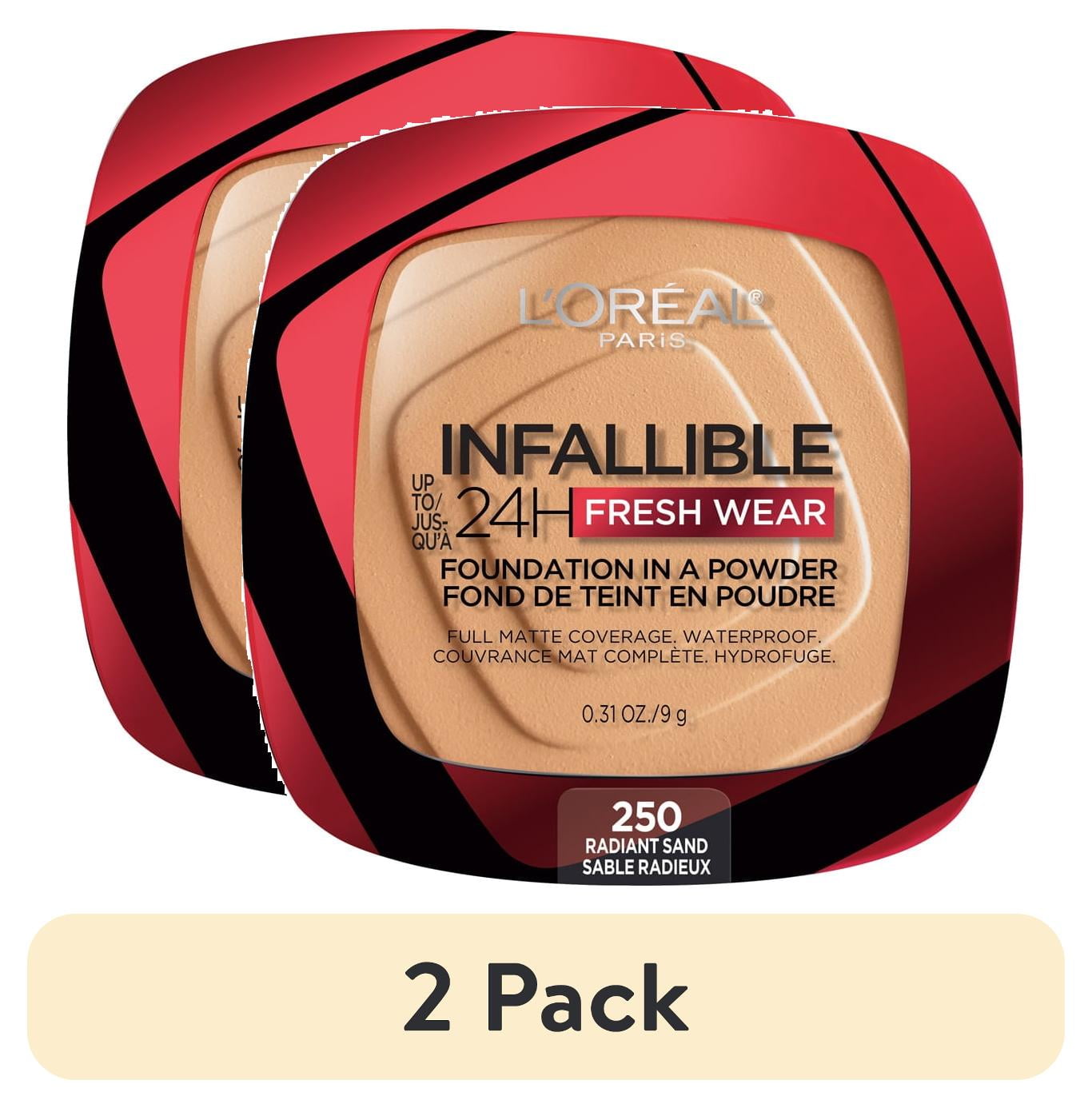 (2 pack) L'Oreal Paris Infallible Fresh Wear 24 Hr Powder Foundation Makeup, 250 Radiant Sant, 0.31 oz