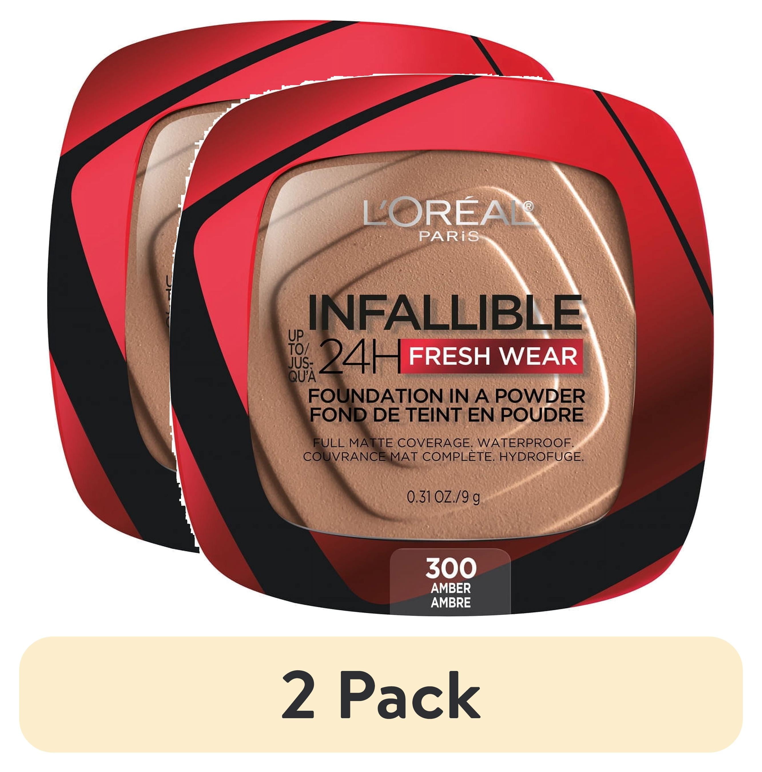 (2 pack) L'Oreal Paris Infallible Fresh Wear 24 Hr Powder Foundation Makeup, 300 Amber, 0.31 oz