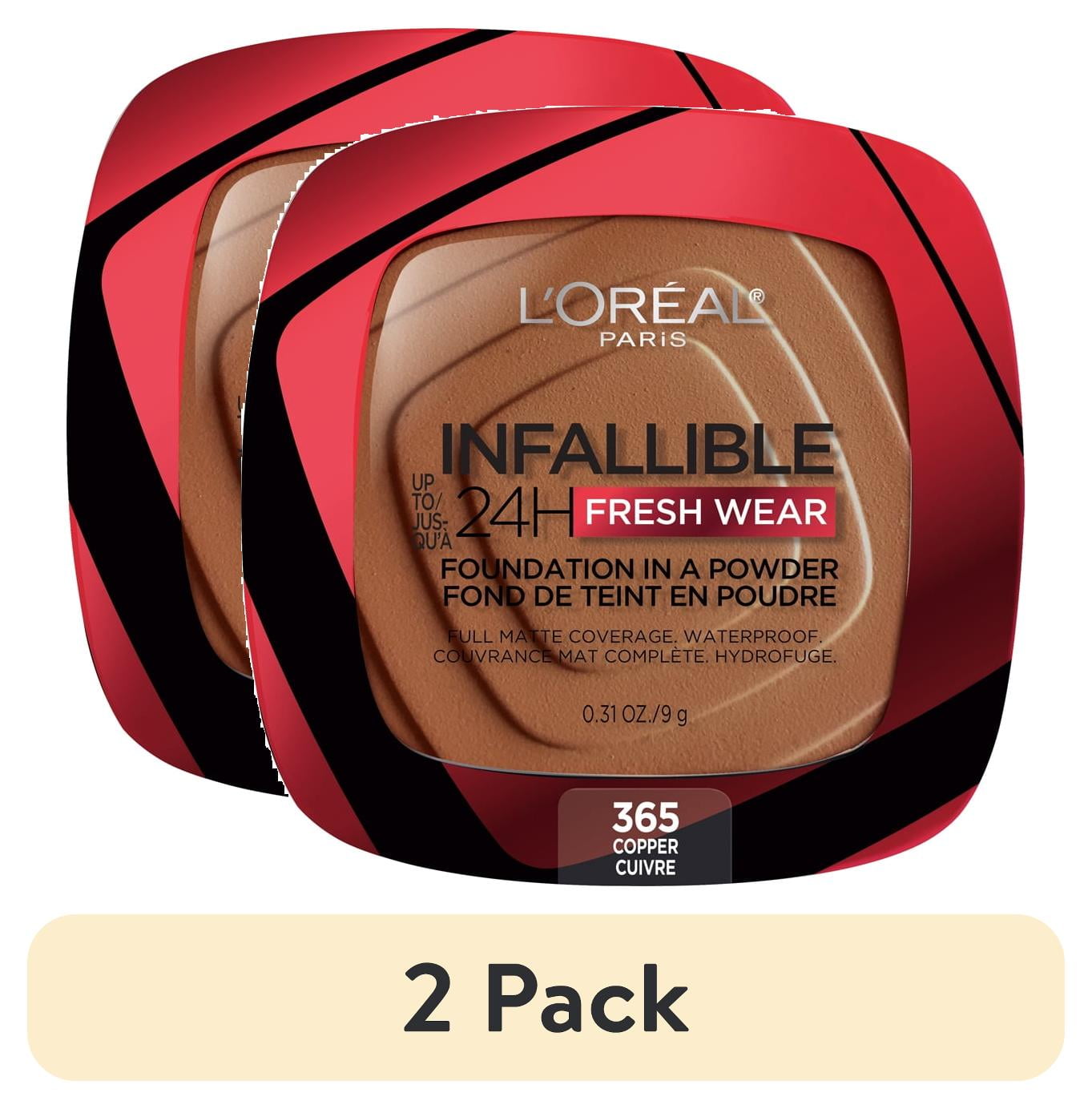 (2 pack) L'Oreal Paris Infallible Fresh Wear 24 Hr Powder Foundation Makeup, 365 Copper, 0.31 oz