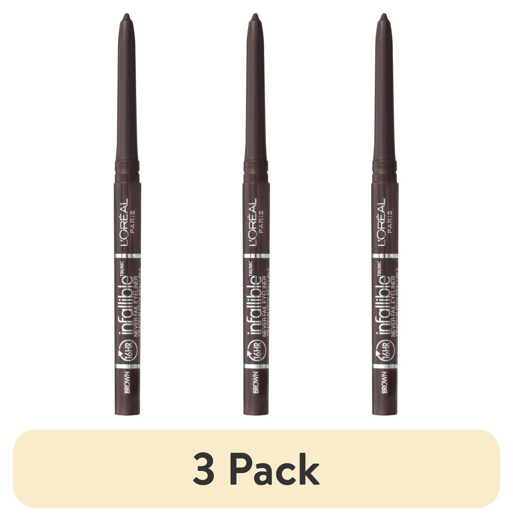 (3 pack) L'Oreal Paris Infallible Never Fail Pencil Eyeliner with Built-In Sharpener, Black Brown, 0.01 fl oz