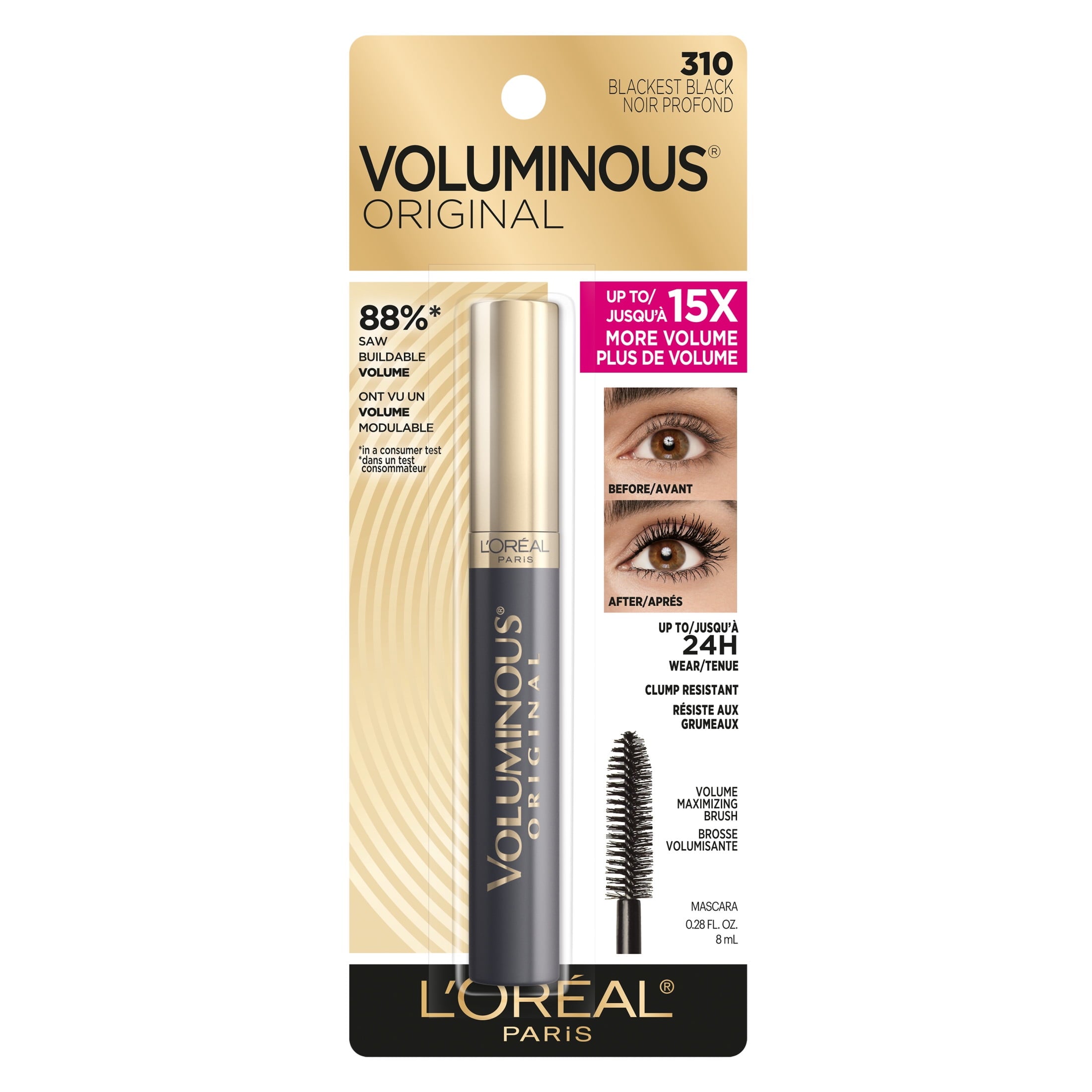 L'Oreal Paris Voluminous Original Washable Bold Eye Mascara, Blackest Black, 0.28 fl. oz.
