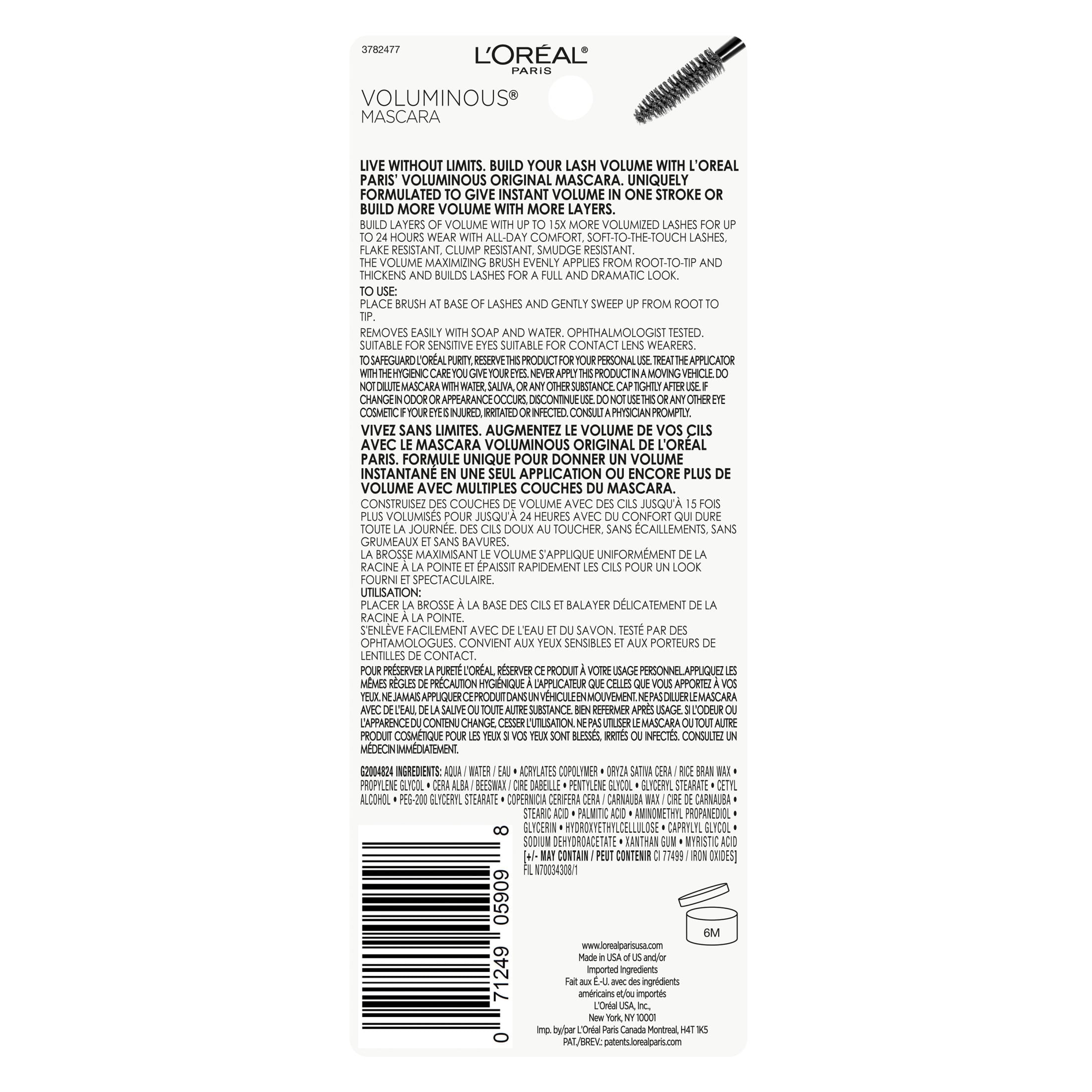 L'Oreal Paris Voluminous Original Washable Bold Eye Mascara, Blackest Black, 0.28 fl. oz.