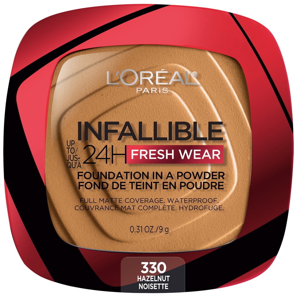 (2 pack) L'Oreal Paris Infallible Fresh Wear 24 Hr Powder Foundation Makeup, 330 Hazelnut, 0.31 oz