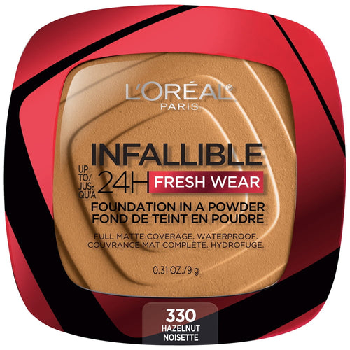 (2 pack) L'Oreal Paris Infallible Fresh Wear 24 Hr Powder Foundation Makeup, 330 Hazelnut, 0.31 oz