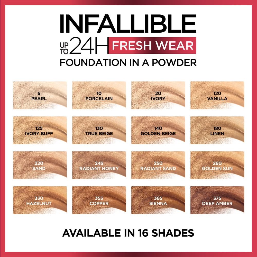 L'Oreal Paris Infallible Fresh Wear 24 Hr Powder Foundation Makeup, 375 Deep Amber, 1 fl oz