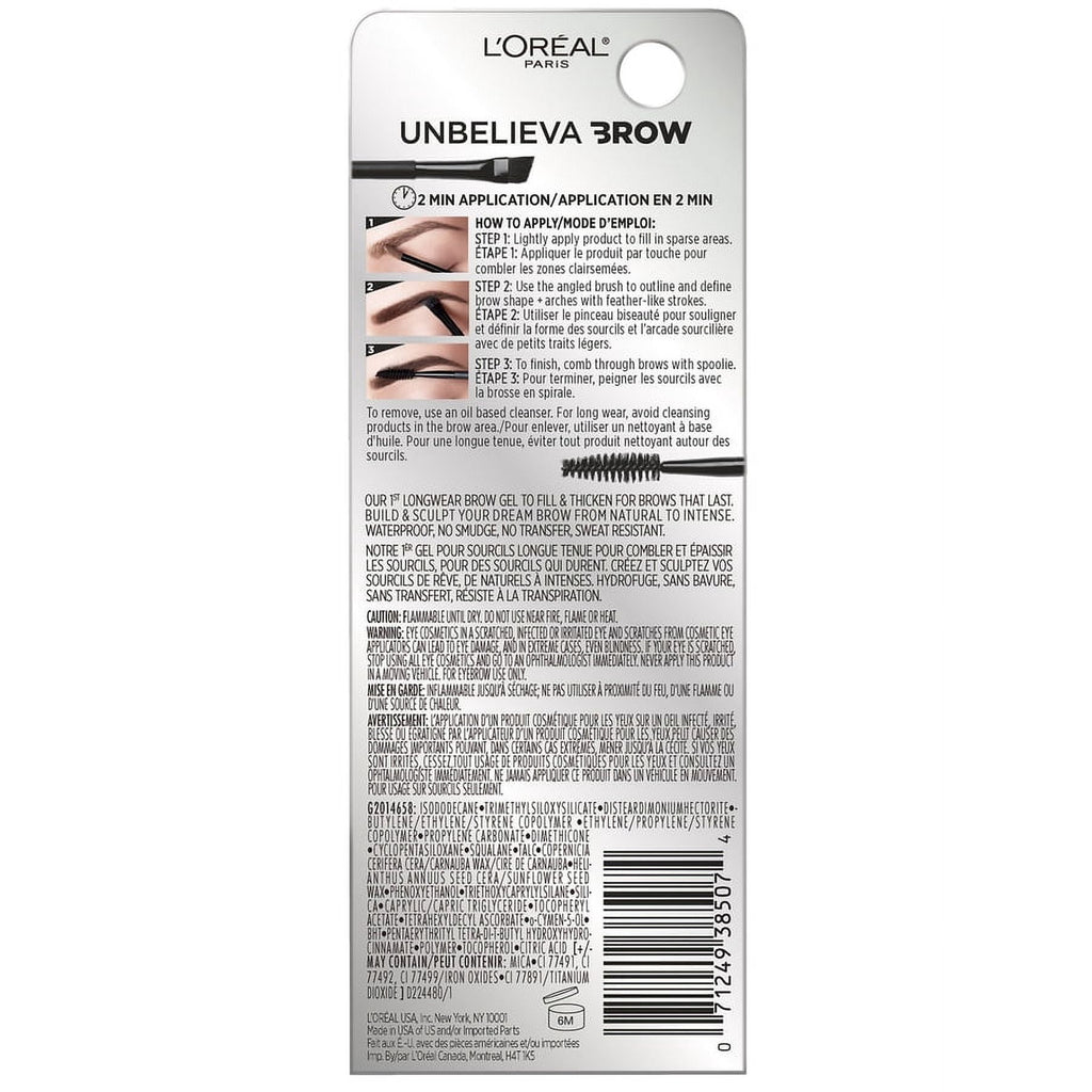 L'Oreal Paris Unbelieva-Brow Longwear Waterproof Brow Gel, Black
