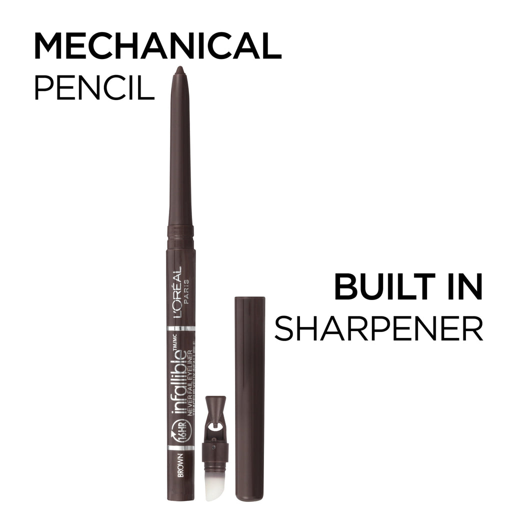 (3 pack) L'Oreal Paris Infallible Never Fail Pencil Eyeliner with Built-In Sharpener, Black Brown, 0.01 fl oz