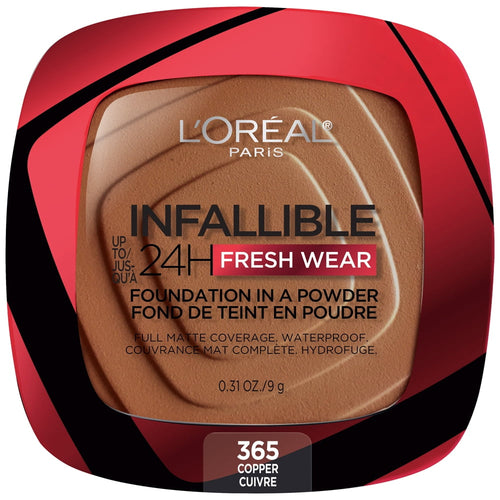 (2 pack) L'Oreal Paris Infallible Fresh Wear 24 Hr Powder Foundation Makeup, 365 Copper, 0.31 oz