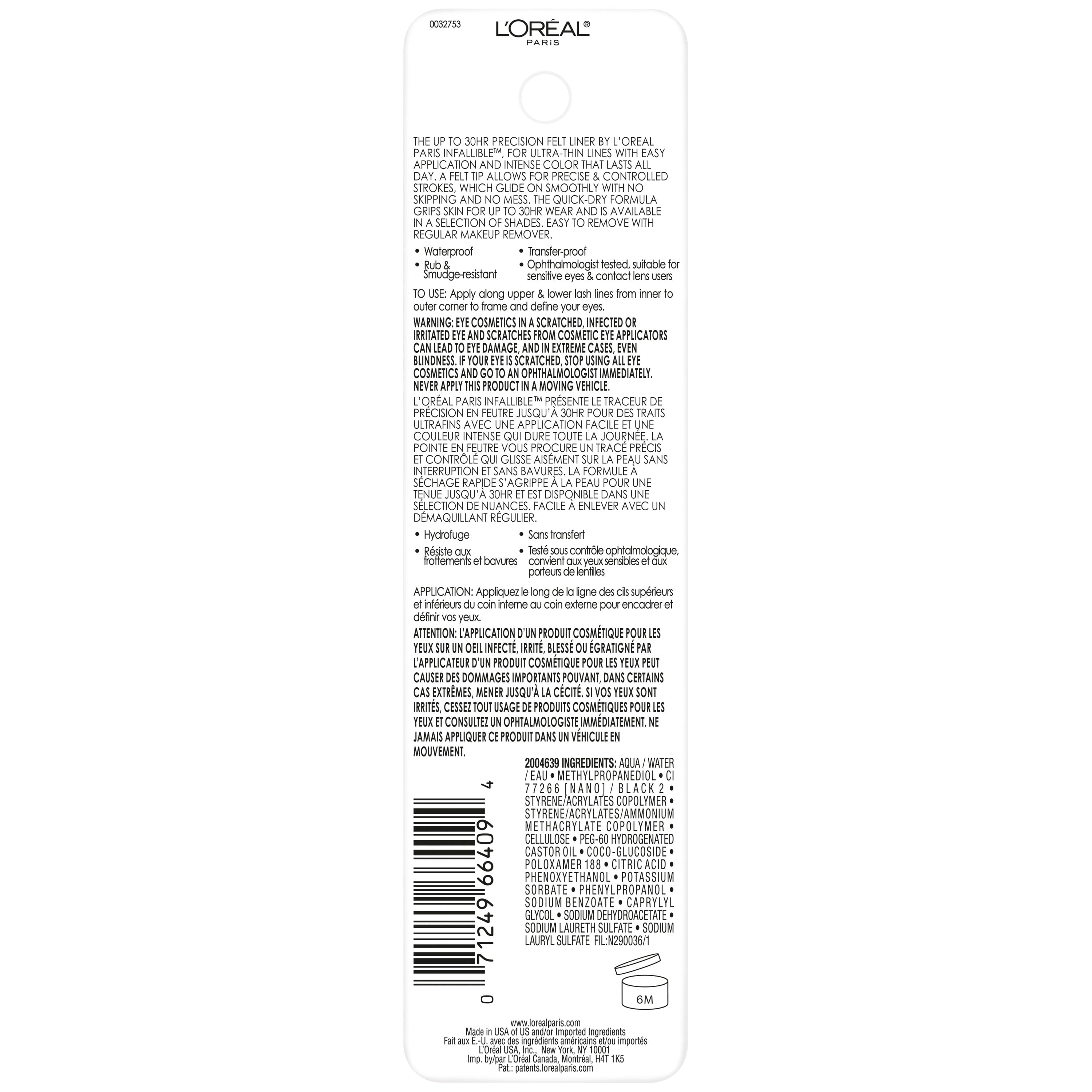 L'Oreal Paris Infallible Precision Felt Waterproof Eyeliner, Black, 0.03 fl oz