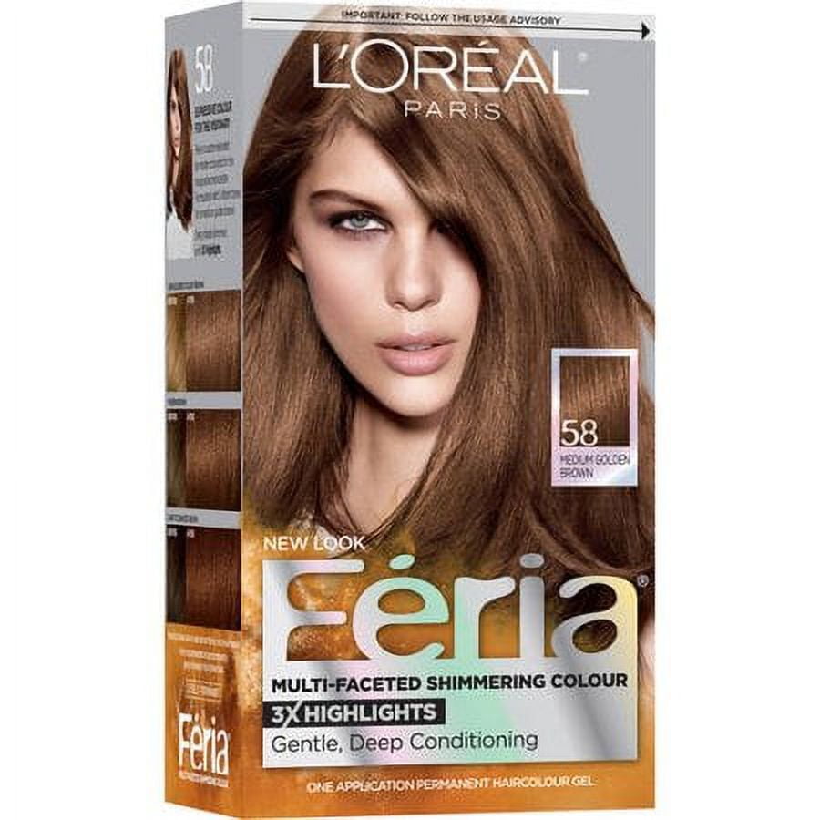 L'Oreal Paris Feria Multi-Faceted Shimmering Permanent Hair Color, 58 Medium Golden Brown, 1 kit