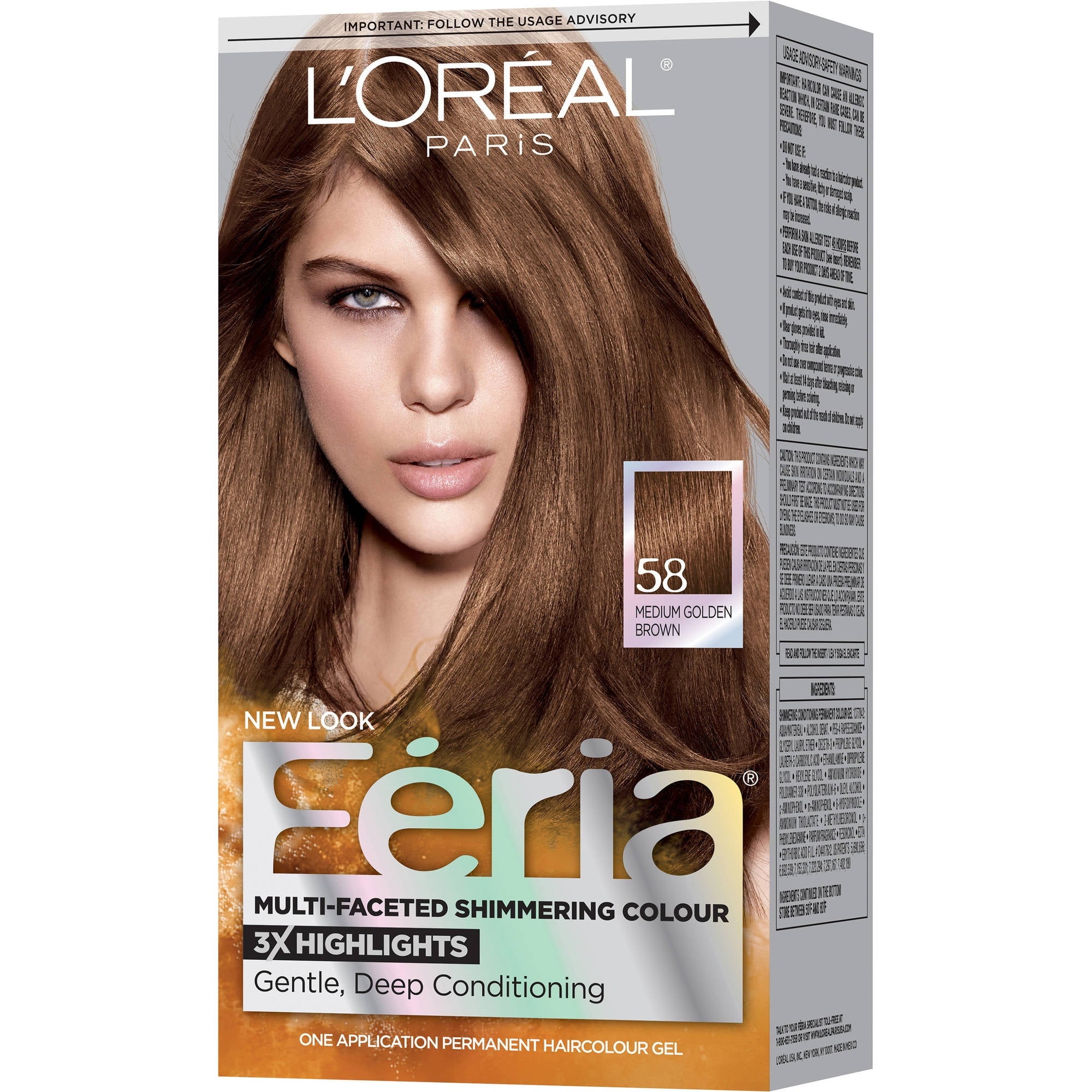 L'Oreal Paris Feria Multi-Faceted Shimmering Permanent Hair Color, 58 Medium Golden Brown, 1 kit