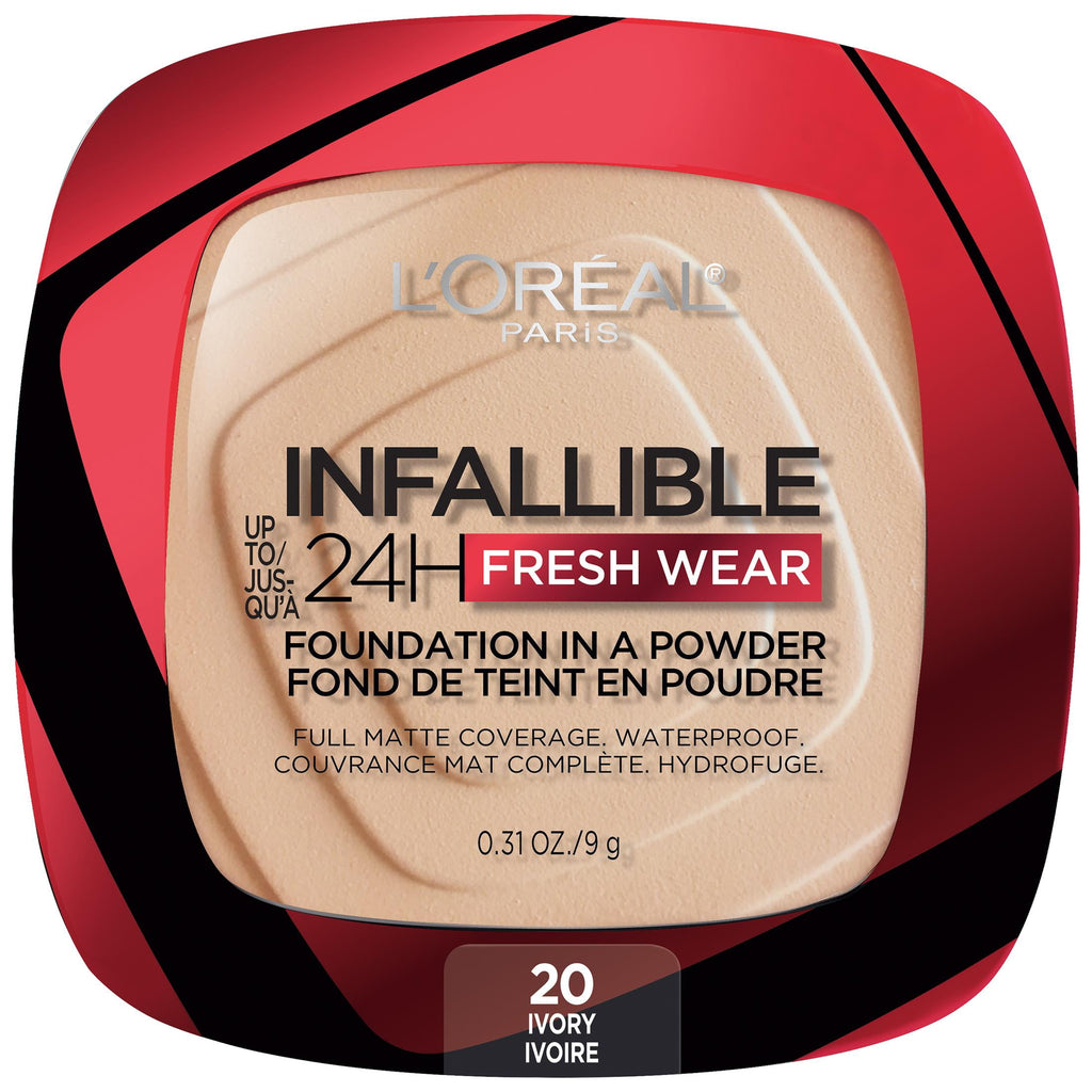 (2 pack) L'Oreal Paris Infallible Fresh Wear 24 Hr Powder Foundation Makeup, 020 Ivory, 1 fl oz