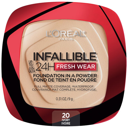 (2 pack) L'Oreal Paris Infallible Fresh Wear 24 Hr Powder Foundation Makeup, 020 Ivory, 1 fl oz