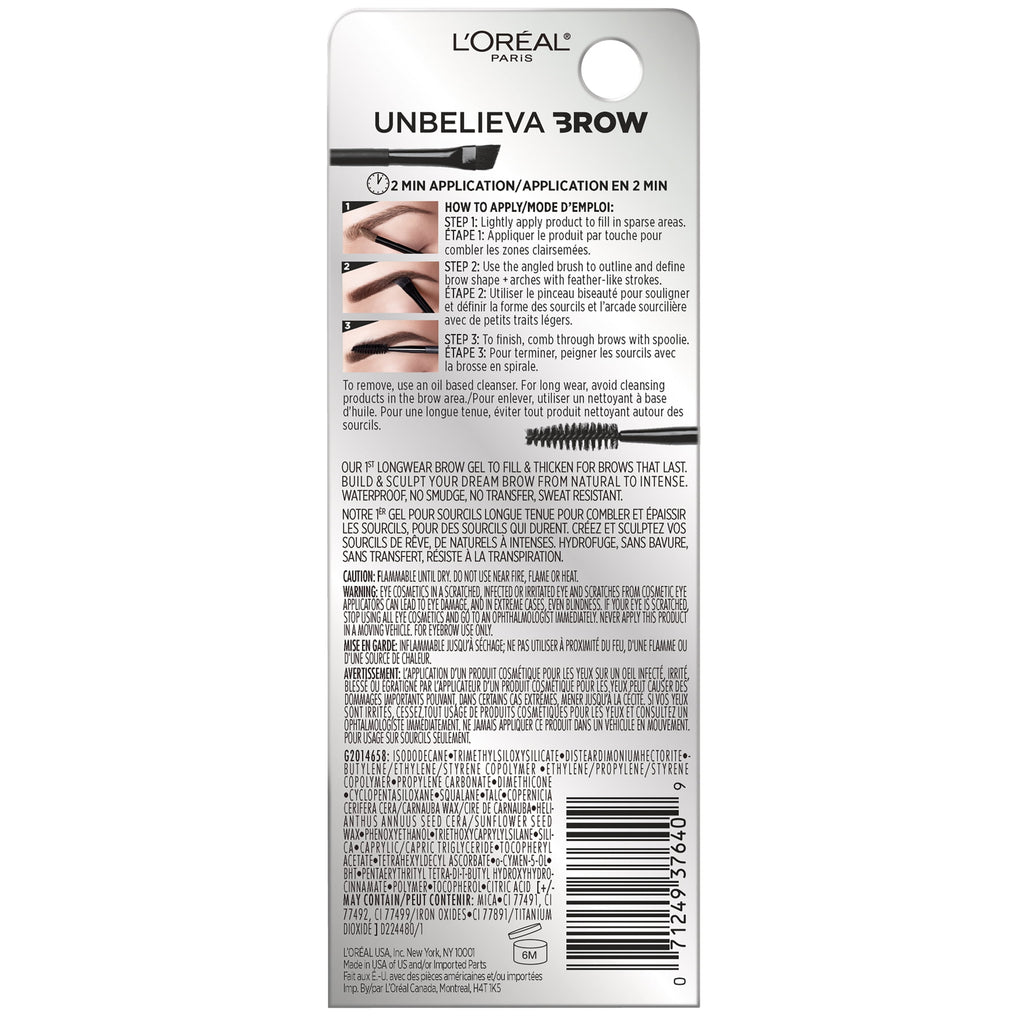L'Oreal Paris Unbelieva-Brow Longwear Waterproof Tinted Brow Gel, Brunette, 0.15 fl oz