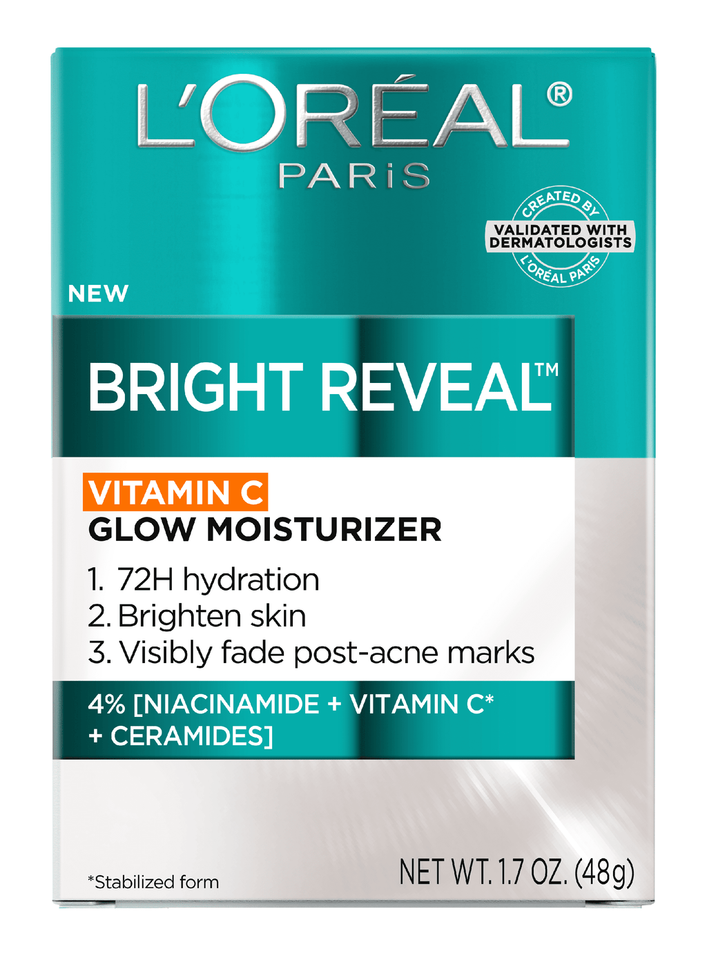 L'Oreal Paris Bright Reveal Vitamin C Glow Face Moisturizer, All Skin Types, 72H Hydration, 1.7 oz