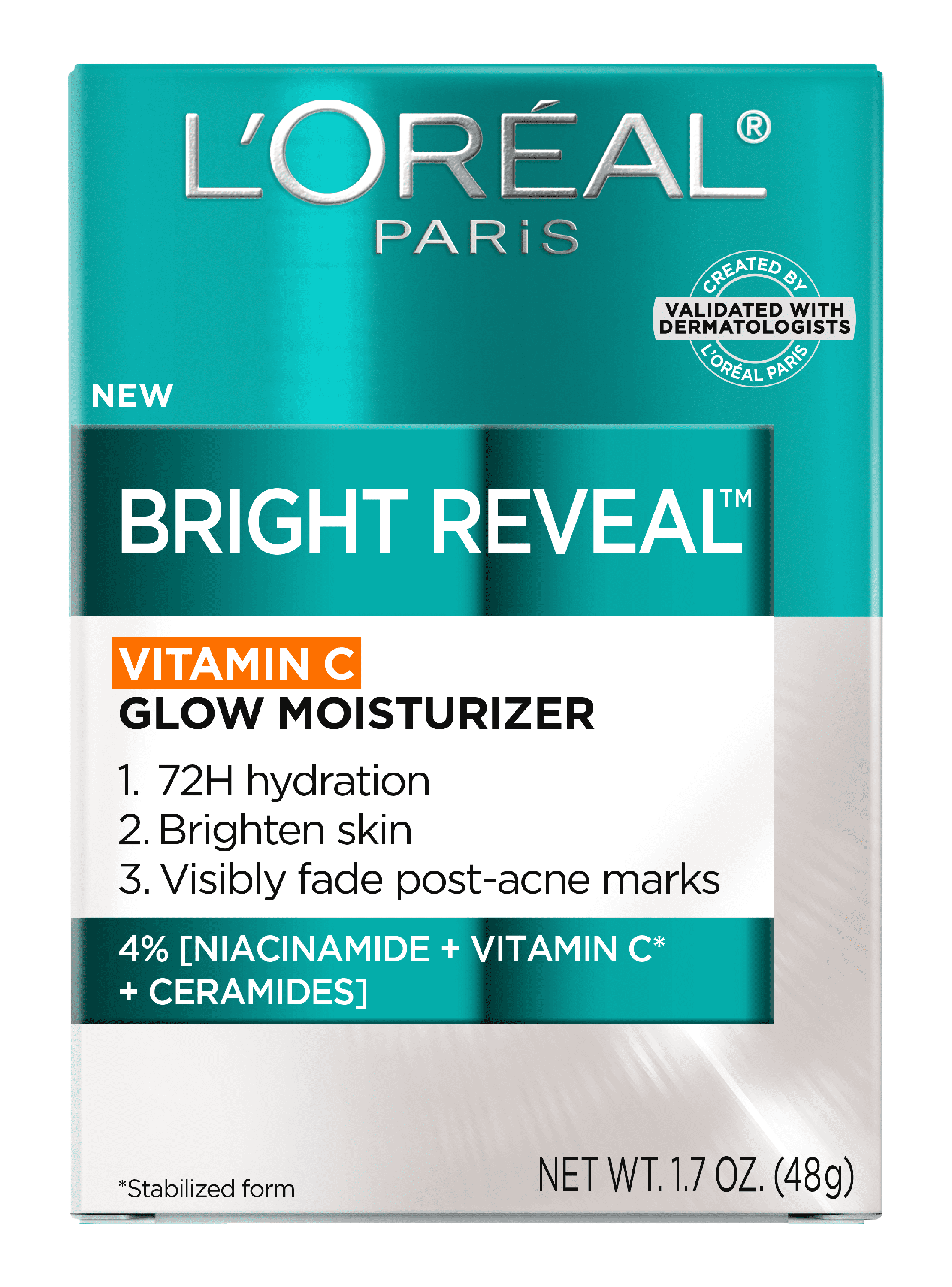 L'Oreal Paris Bright Reveal Vitamin C Glow Face Moisturizer, All Skin Types, 72H Hydration, 1.7 oz