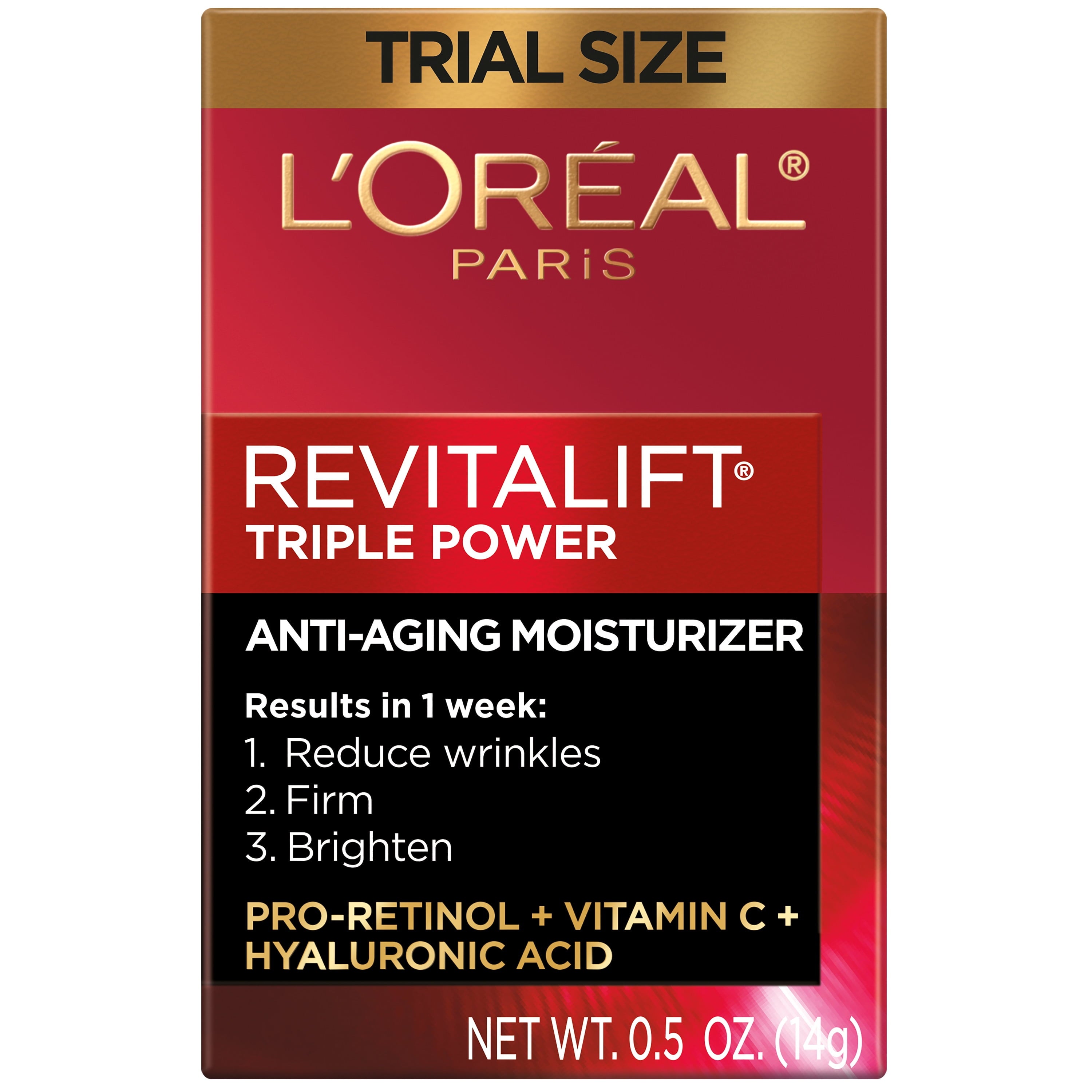 L'Oreal Paris Revitalift Triple Power Anti-Aging Face Moisturizer Travel Size, Pro Retinol, Hyaluronic Acid & Vitamin C, Reduce Wrinkles, 0.5oz