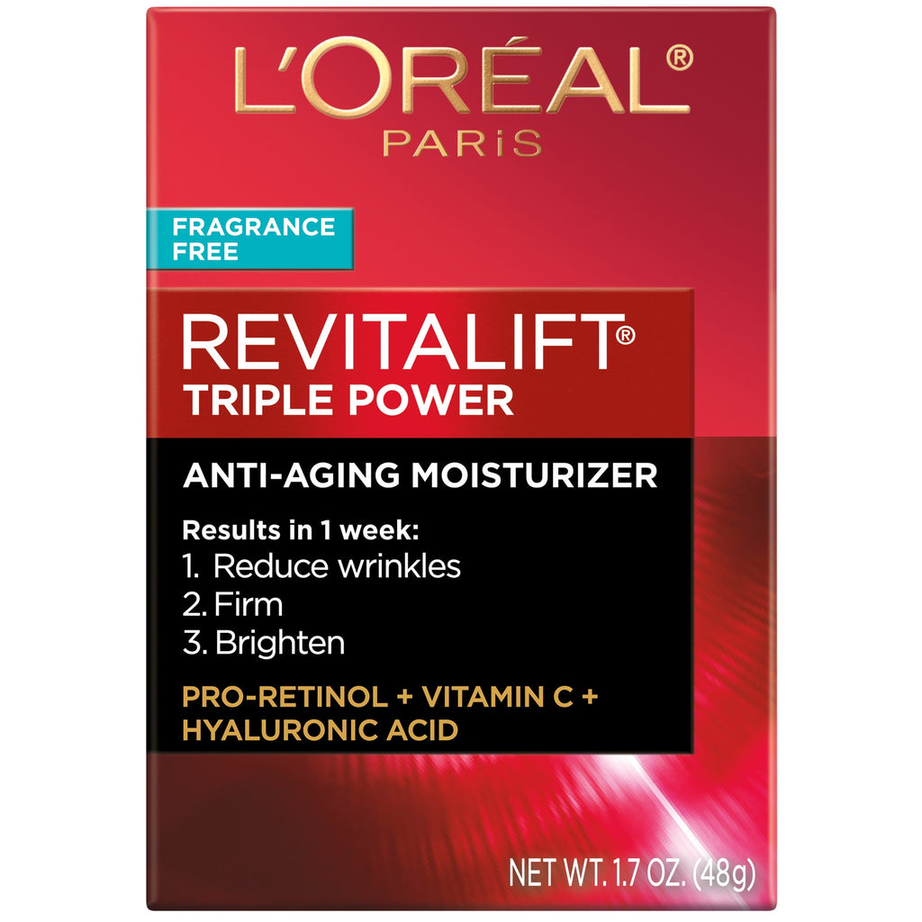 L'Oreal Paris Revitalift Triple Power Anti-Aging Face Moisturizer, Fragrance Free, Pro Retinol, Hyaluronic Acid & Vitamin C to Reduce Wrinkles, Firm & Brighten Skin, Unscented Cream, 1.7 oz