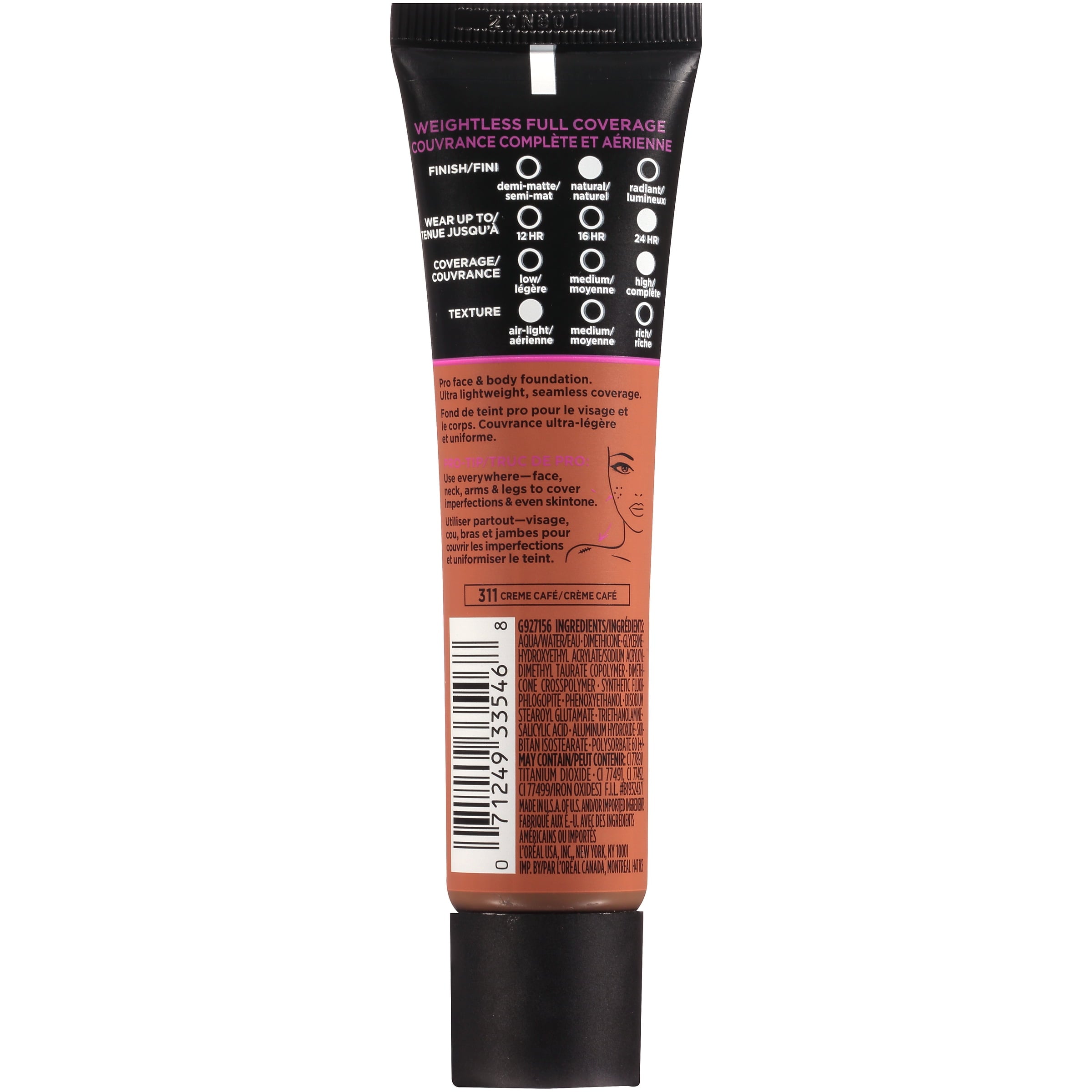 L'Oreal Paris Infallible Total Cover Liquid Foundation, Creme Cafe, 1 fl oz