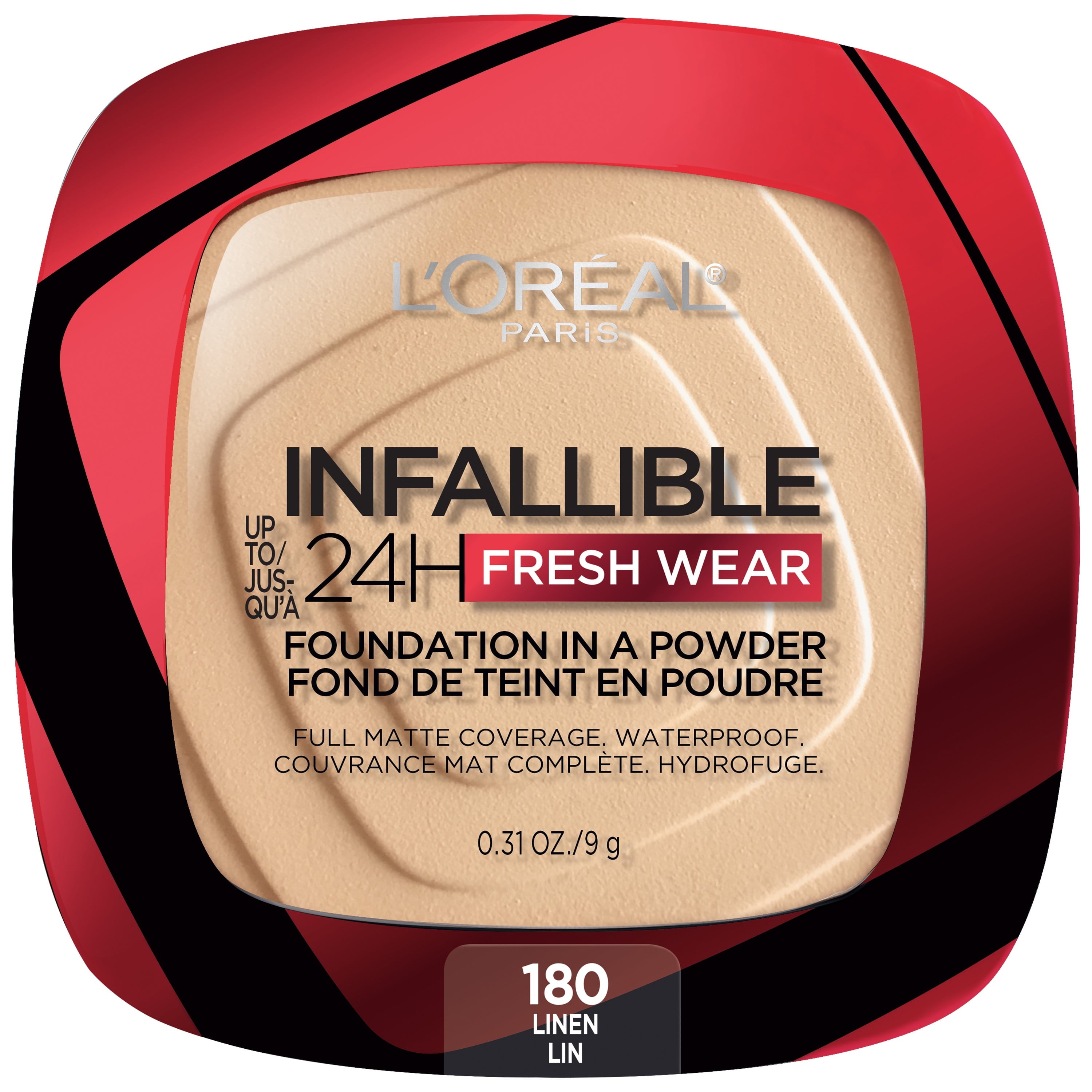 (2 pack) L'Oreal Paris Infallible Fresh Wear 24 Hr Powder Foundation Makeup, 180 Linen, 0.31 oz