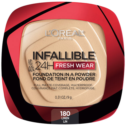(2 pack) L'Oreal Paris Infallible Fresh Wear 24 Hr Powder Foundation Makeup, 180 Linen, 0.31 oz