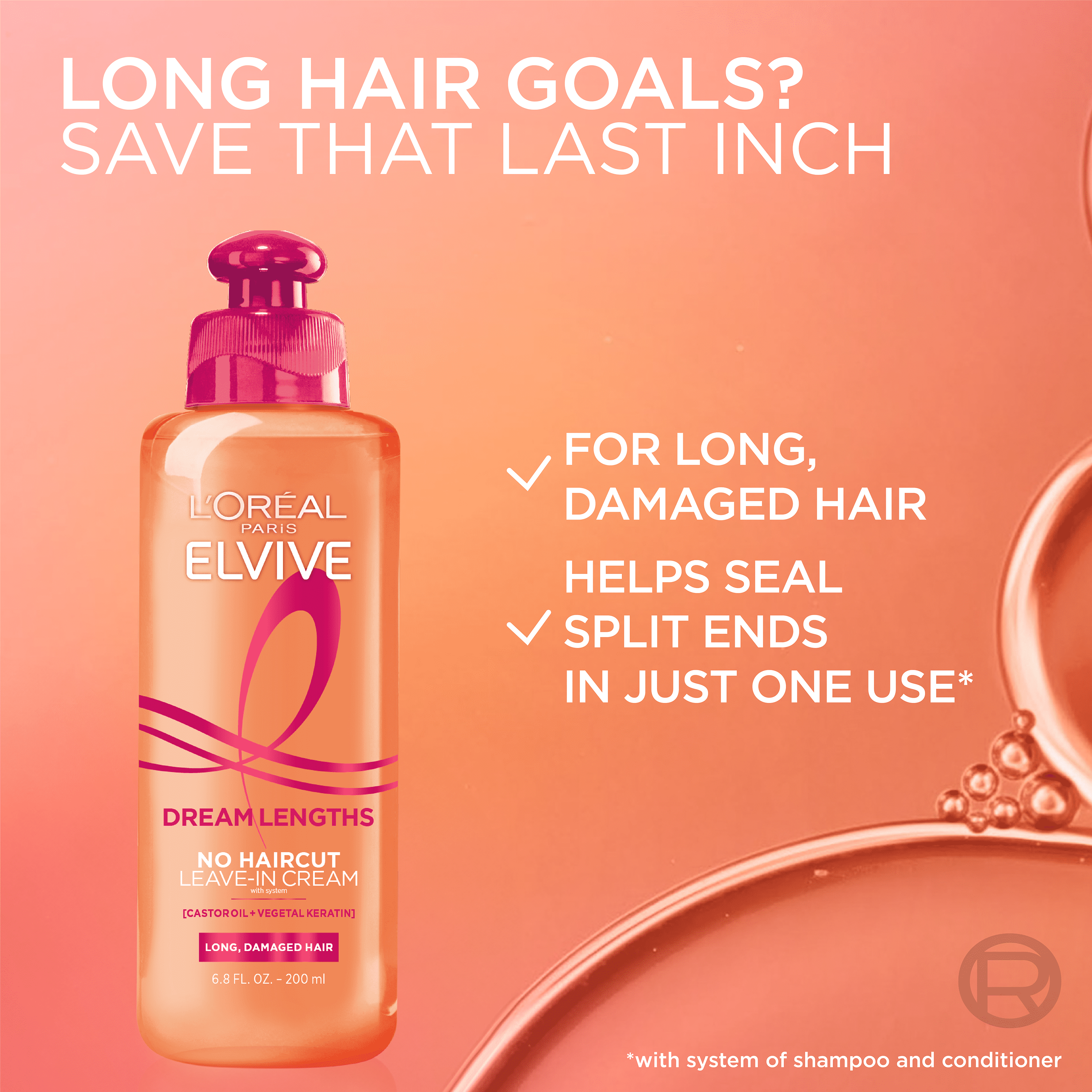 L'Oreal Paris Elvive Dream Lengths No Haircut Cream Leave in Conditioner, 6.8 fl oz