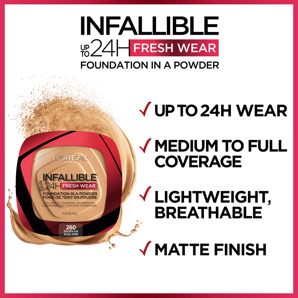 (2 pack) L'Oreal Paris Infallible Fresh Wear 24 Hr Powder Foundation Makeup, 020 Ivory, 1 fl oz