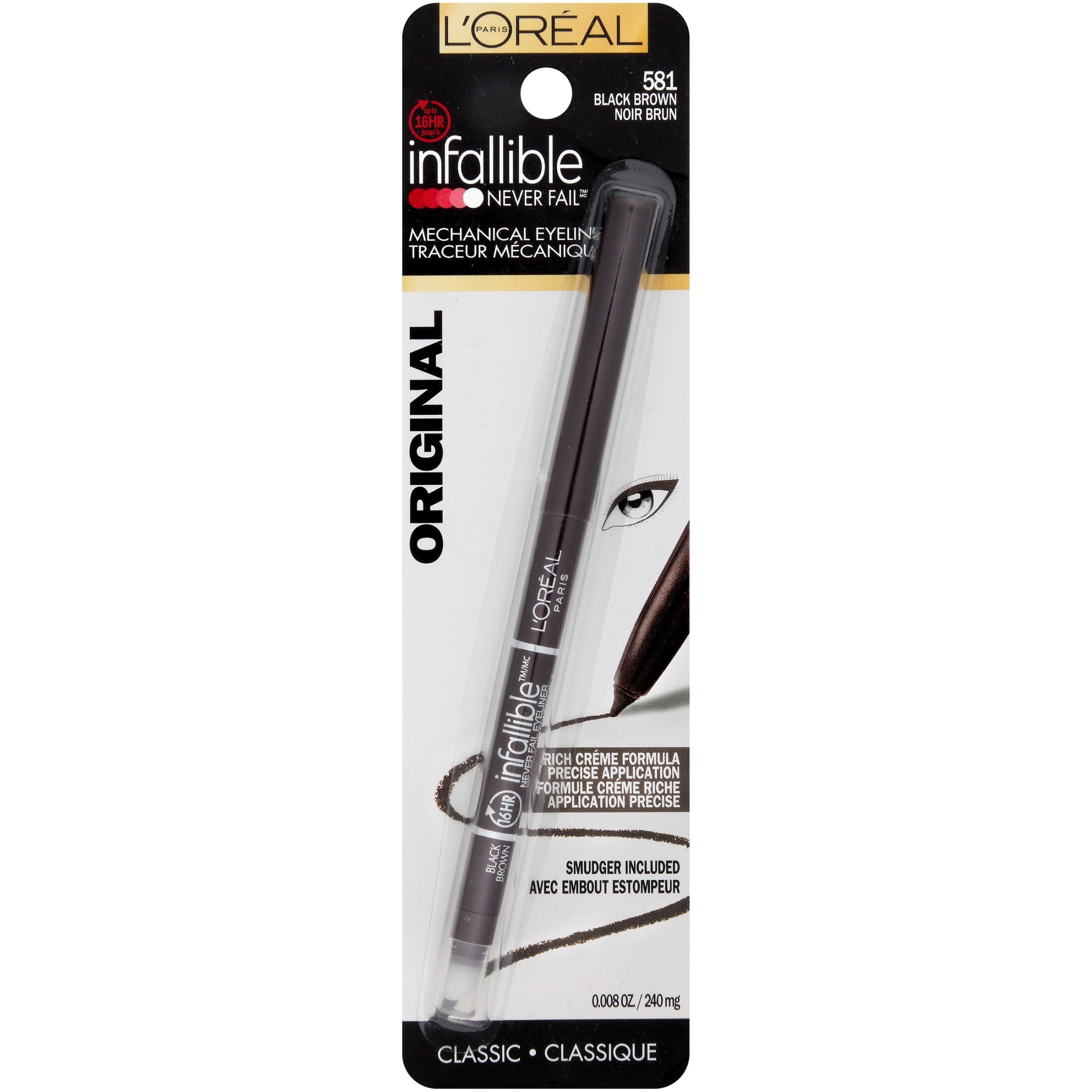 L'Oreal Paris Infallible Never Fail Pencil Eyeliner with Built-In Sharpener, Black Brown, 0.01 fl oz