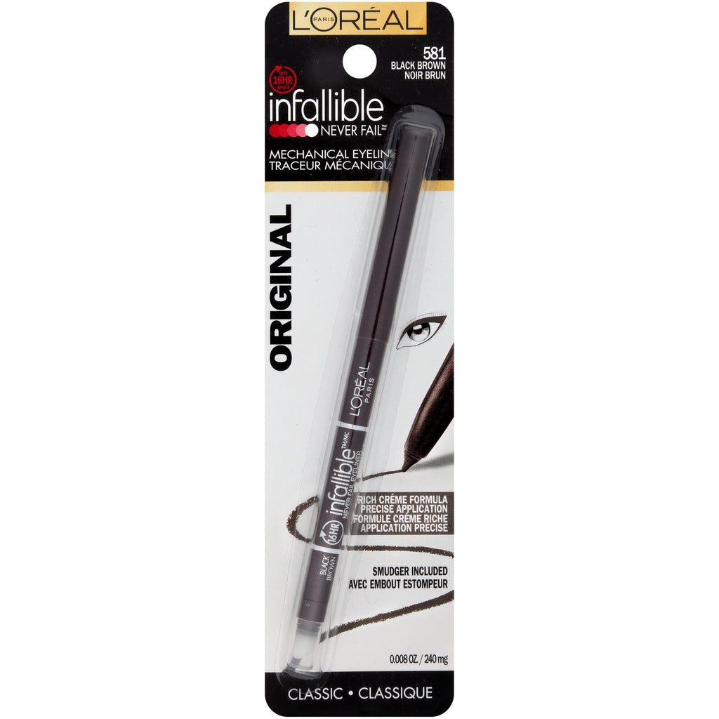 (3 pack) L'Oreal Paris Infallible Never Fail Pencil Eyeliner with Built-In Sharpener, Black Brown, 0.01 fl oz