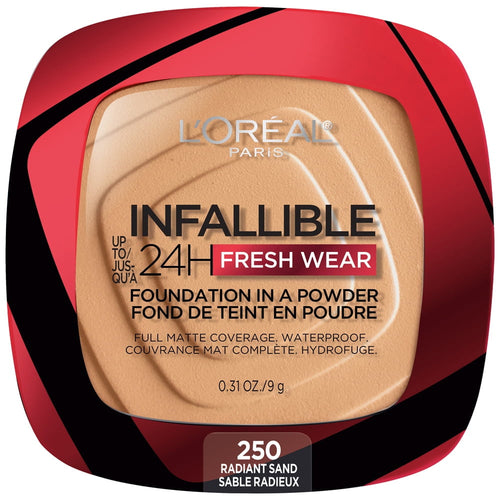 (2 pack) L'Oreal Paris Infallible Fresh Wear 24 Hr Powder Foundation Makeup, 250 Radiant Sant, 0.31 oz