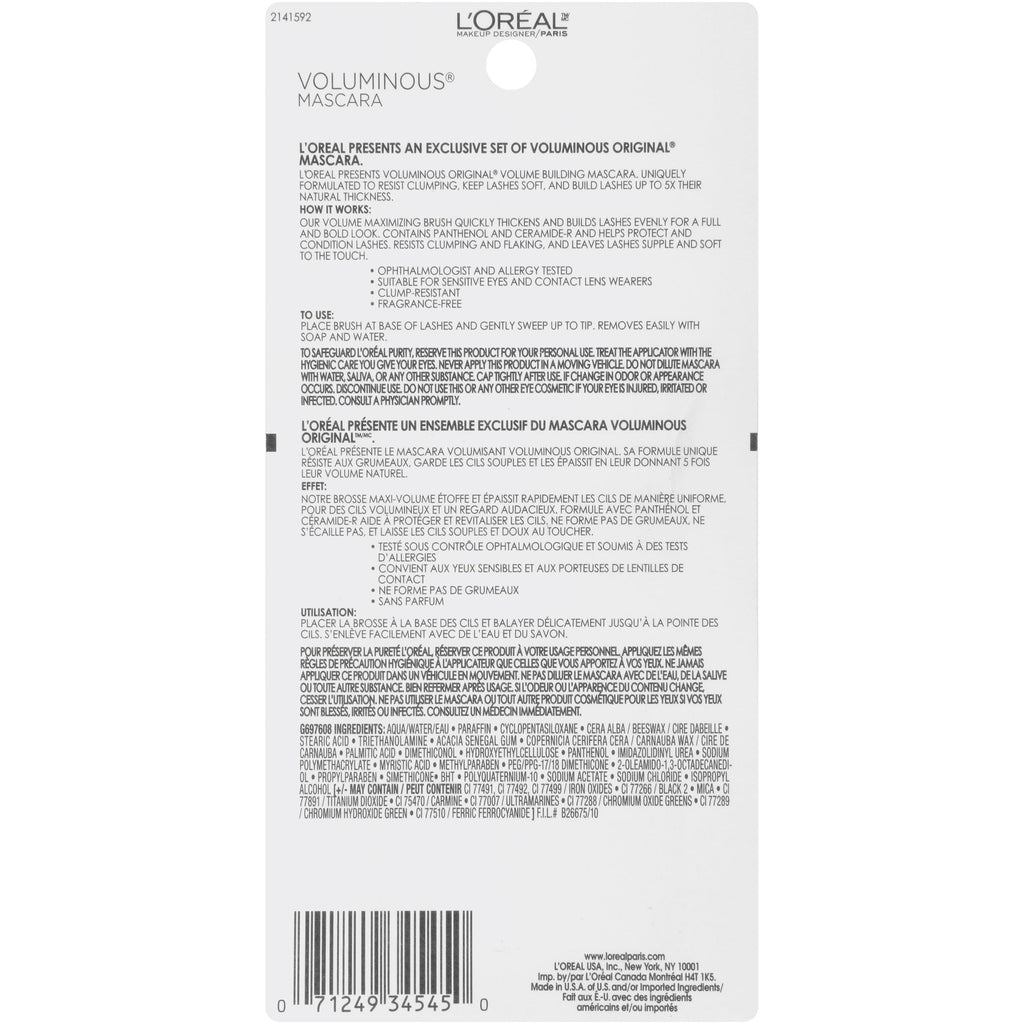 L'Oreal Paris Voluminous Original Mascara, Blackest Black, Clump-Resistant, Stocking Stuffers 0.56 fl oz
