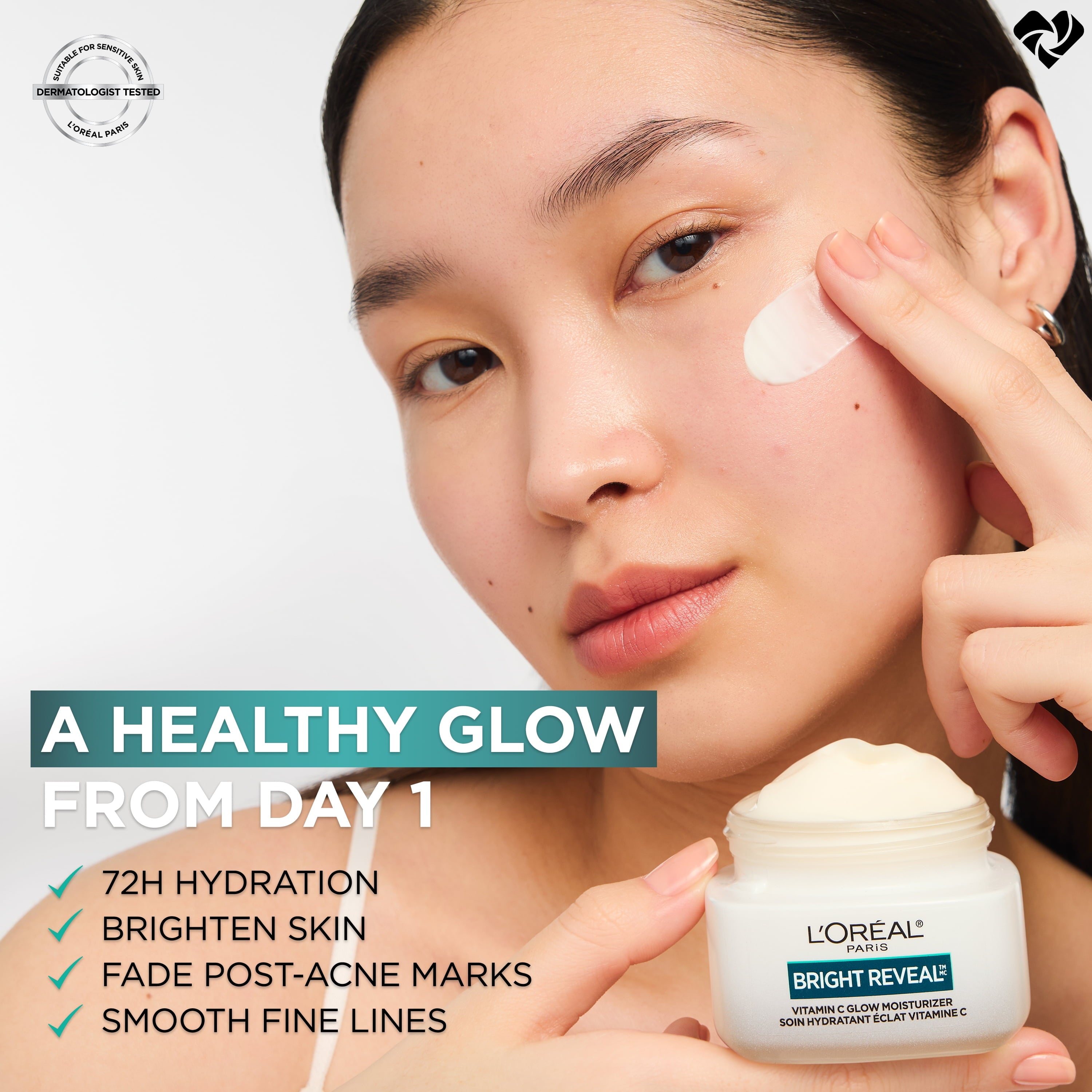 L'Oreal Paris Bright Reveal Vitamin C Glow Face Moisturizer, All Skin Types, 72H Hydration, 1.7 oz
