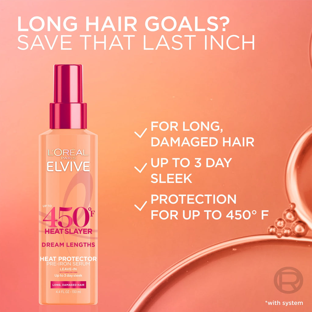 L'Oreal Paris Elvive Dream Lengths Heat Slayer Frizz Control, Pre-Iron Spray, Heat Protection, 4.4 oz