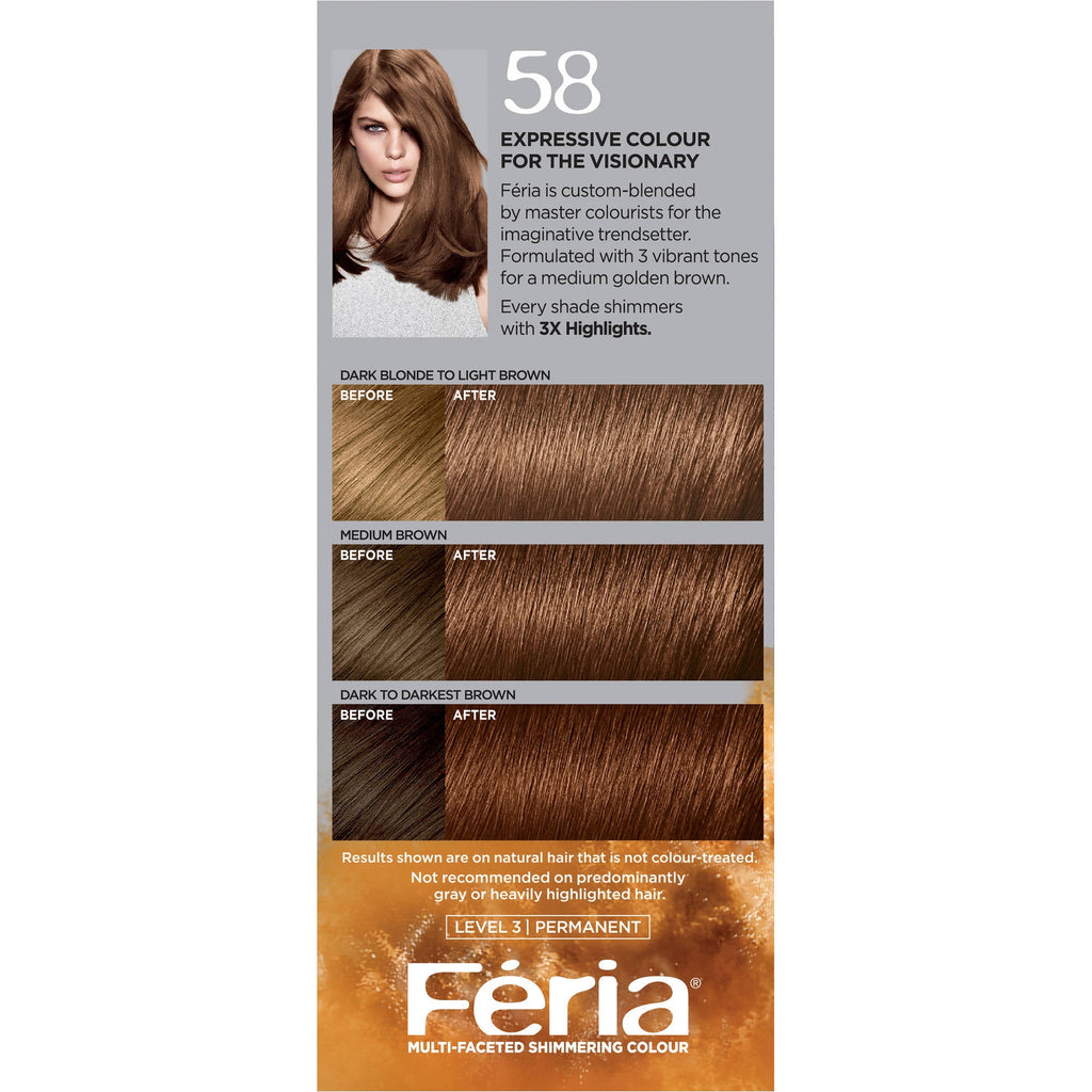 L'Oreal Paris Feria Multi-Faceted Shimmering Permanent Hair Color, 58 Medium Golden Brown, 1 kit