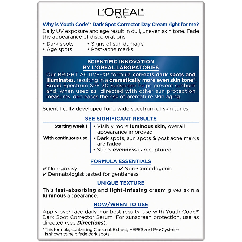 L'Oreal Paris Youth Code Dark Spot Corrector Broad Spectrum SPF 30 Sunscreen, 1.7 oz